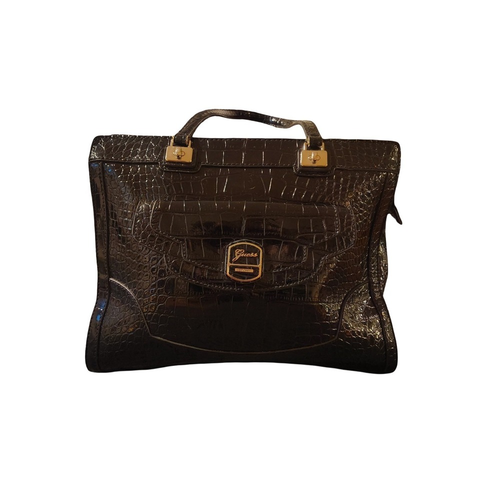 Guess Structured Handbag Purse Black Croc Embossed Texture Sleek Girl Boss